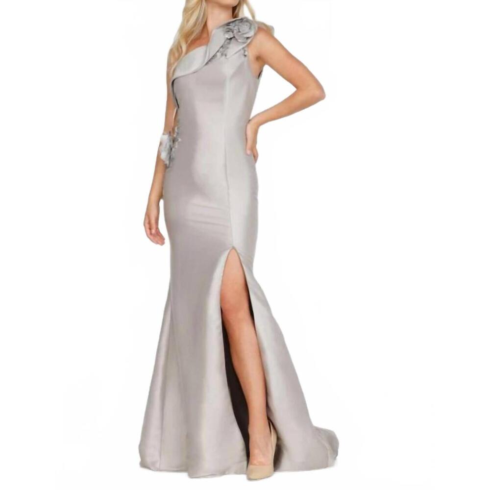 NEW TERANI COUTURE one shoulder long evening gown in taupe ivory